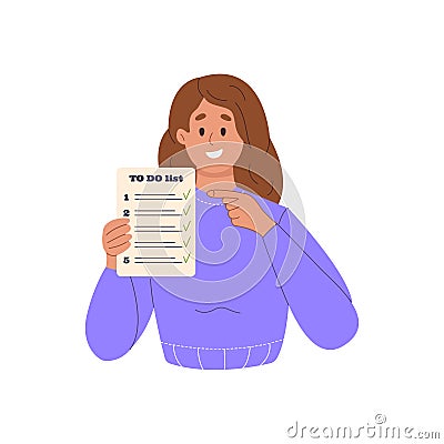 Smiling woman holding paper to do list with done check mark symbols Vector Illustration