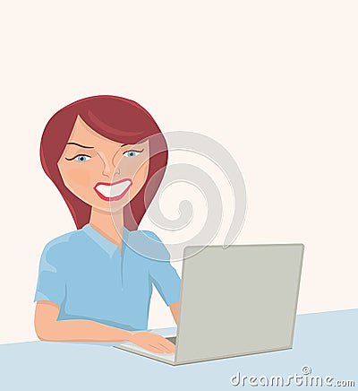 Smiling woman with a laptop Cartoon Illustration