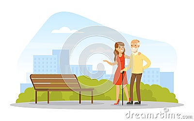 Smiling Woman Leading Senior Man by the Arm Walking in the Park Vector Illustration Vector Illustration