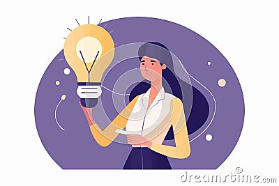 Smiling woman with lightbulb, happy businesswoman generating innovative business idea. Vector illustration Vector Illustration