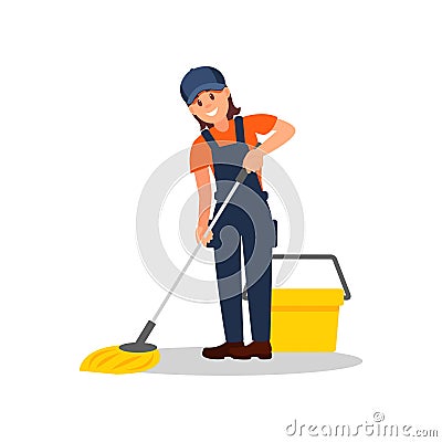 Smiling woman mopping floor. Young girl overall, cap and t-shirt. Flat vector element for advertising of cleaning Vector Illustration