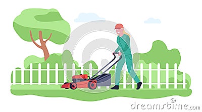 Smiling woman mowing grass with motor lawnmower in garden. Girl pushing lawn mower. Female worker trimming plants in Vector Illustration