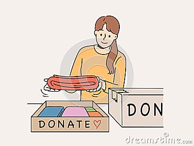 Smiling woman pack donation boxes Vector Illustration