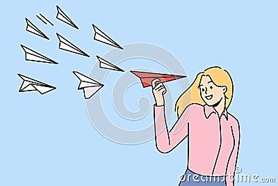 Smiling businesswoman with paper plane in hands Vector Illustration