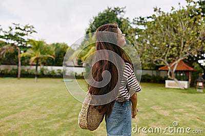 smiling woman park beautiful lifestyle freedom walk nature person summer t-shirt Stock Photo