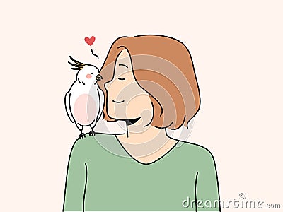 Smiling woman with parrot sitting on shoulder Vector Illustration