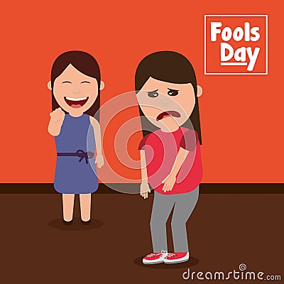 Smiling woman pointing a sad friend fools day celebration Vector Illustration