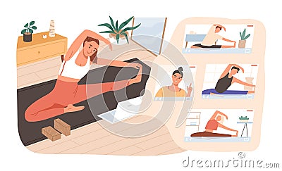 Smiling woman practicing online yoga classes at home vector flat illustration. Group of active female stretching on mat Vector Illustration