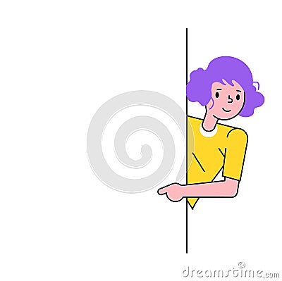 Smiling woman with purple hair peeking around corner, playful vector illustration. Cute character engagement, peekaboo Cartoon Illustration