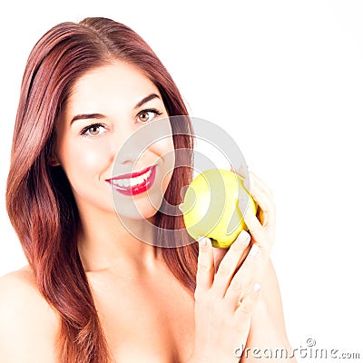 Smiling woman with red lips holding a green apple. Stock Photo