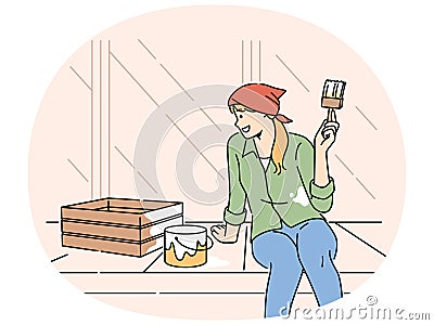 Smiling woman renovate wooden box on terrace Vector Illustration