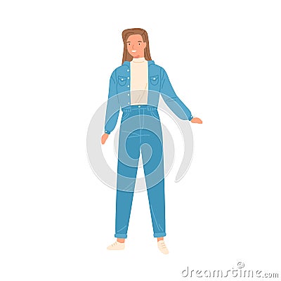 Smiling woman in retro style denim jeans, jacket and turtleneck vector flat illustration. Fashionable female demonstrate Vector Illustration