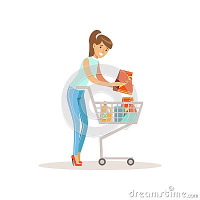 Smiling woman with shopping cart, shopping in grocery store, supermarket or retail shop, colorful character vector Vector Illustration