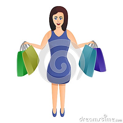 Smiling woman after shopping icon, cartoon style Vector Illustration