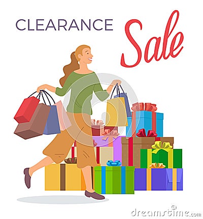 Smiling woman is standing with shopping bags. Big present boxes. Holliday sale and clearance concept Vector Illustration