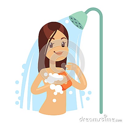 Smiling woman taking water shower in bathroom. Girl regular hygiene vector illustration Vector Illustration