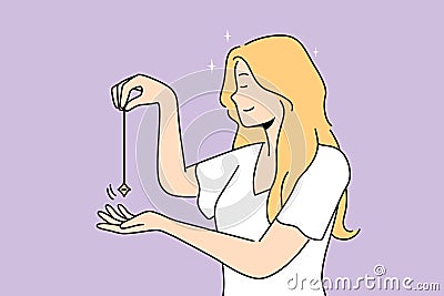 Smiling woman using pendulum for spiritual practice Vector Illustration