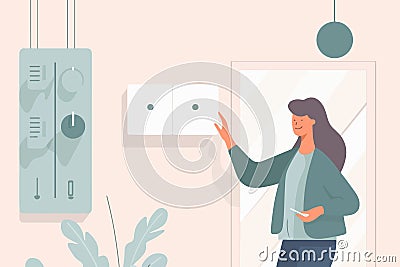 Smiling woman using smart home system on wall panel. Happy female user turning on security or alarm in her apartment. Indoor Vector Illustration