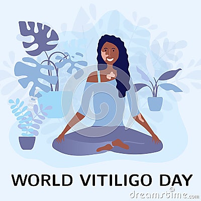 Smiling woman with vitiligo sitting in a lotus pose near houseplants. Concept of loving your body, body positive, skin Vector Illustration