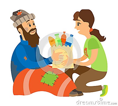Vagrant Holding Meal, Sharing to Homeless Vector Vector Illustration