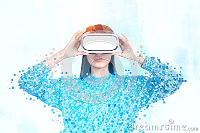 Smiling woman in vr glasses pixelated in city Stock Photo