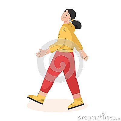 Smiling woman is walking in side view. Young girl in casual outfit going Vector Illustration