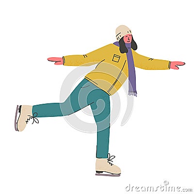 Smiling woman in warm clothes ice skating. Person skating on rank. Winter activity and active rest. Vector Vector Illustration