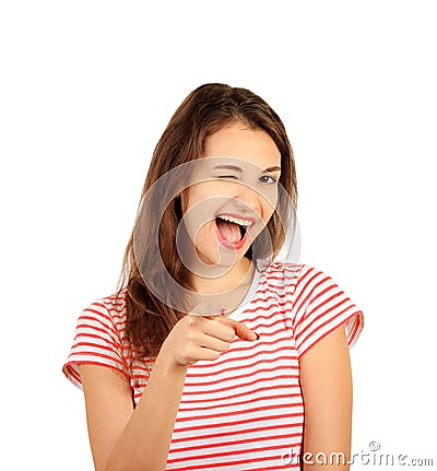 Smiling woman wink and pointing to camera. emotional girl isolated on white background Stock Photo