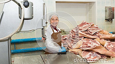 Smiling woman working on meat cutting band saw Stock Photo