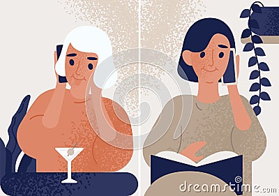 Smiling women talking with each other on phone. Friends communication through smartphone. People distant conversation Vector Illustration