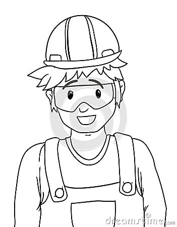 Smiling worker with hard hat, safety glasses and overalls in outlines, Vector illustration Vector Illustration