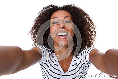 Smiling young black woman making selfie Stock Photo