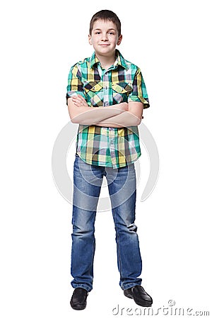 Smiling young boy in shirt and jeans full lenght Stock Photo