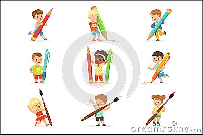 Smiling young boys and girls holding big pencils, pens and paintbrushes, set for label design. Cartoon detailed colorful Vector Illustration
