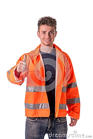 Smiling young construction or road worker Stock Photo