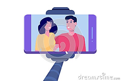 Smiling young Couple selfie on smartphone. Selfie stick monopod. Vector Illustration