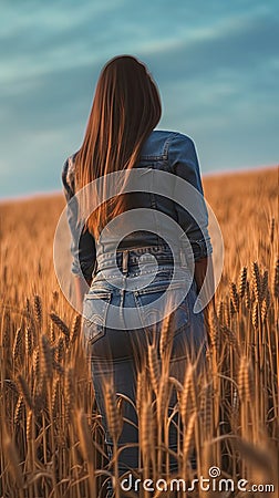 smiling young female farmer cowgirl standing in wheat cereal field. copy space Stock Photo