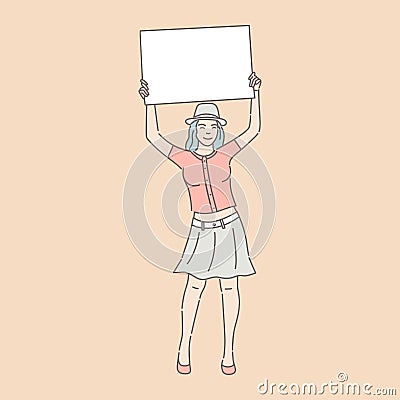 Smiling young girl in casual clothes holding card in raising hands vector illustration. Vector Illustration