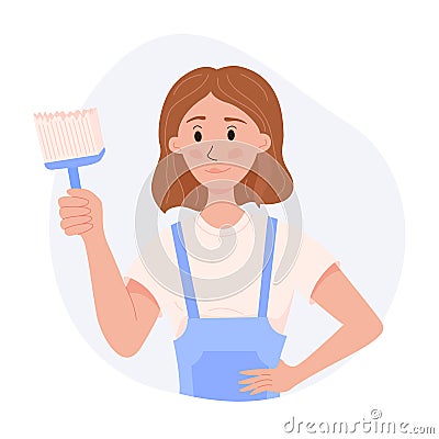 Smiling young girl painter with a brush. The artist makes repairs at home. Vector Illustration