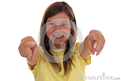 Smiling young girl pointing with her finger I want you Stock Photo