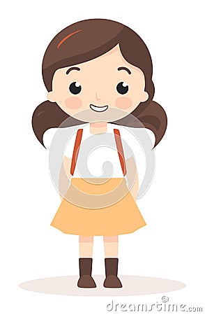 Smiling young girl standing with hands on hips wearing a white shirt, yellow skirt, and brown boots. Cartoon kid Vector Illustration
