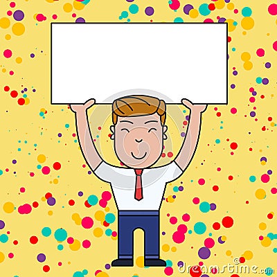 Smiling Young Male in Formal Clothes Standing and Holding Big Empty Placard Overhead with Both Hands. Creative Vector Illustration