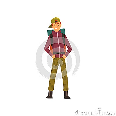 Smiling young man with backpack, outdoor adventures, travel, camping, backpacking trip or expedition vector Illustration Vector Illustration