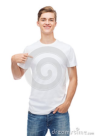 Smiling young man in blank white t-shirt Stock Photo