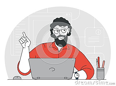 Smiling young man develop an idea. Vector Illustration