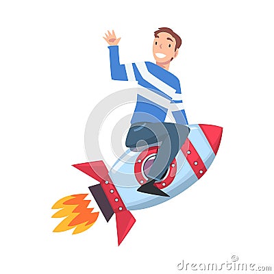 Smiling Young Man Flying on Space Rocket and Waving his Hand, Leadership, Achievement, Competition, Success Concept Vector Illustration