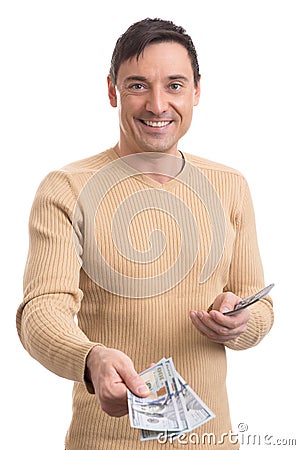 Smiling young man giving dollar bills Stock Photo