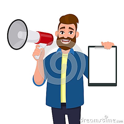 Smiling young man holding a megaphone or loudspeaker and a blank white clipboard, document, report in hand. Human emotion facial. Vector Illustration