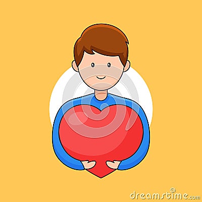 Smiling young man hugging heart for express love affection and heart day celebration vector outline cartoon style illustration Vector Illustration