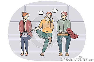 Smiling man talk on cellphone in queue Vector Illustration